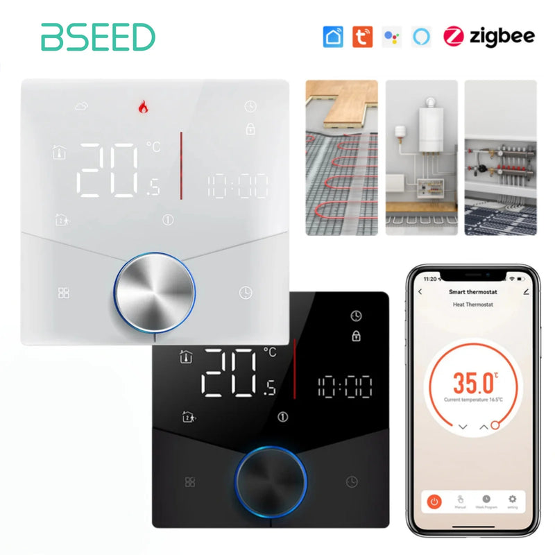BSEED ZigBee Touch LED Integrated Screen With Knob Floor Heating Room Thermostat Controller Tuya Alexa Google App Control