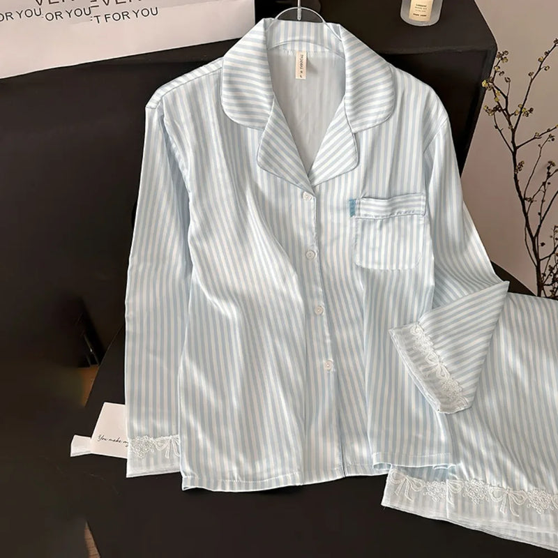 Ice Silk Striped Long Sleeve Women's Pajamas Set Nightie Autumn Ladies Two-Piece Set Sleepwear Woman Home Wear Pyjama Femmes