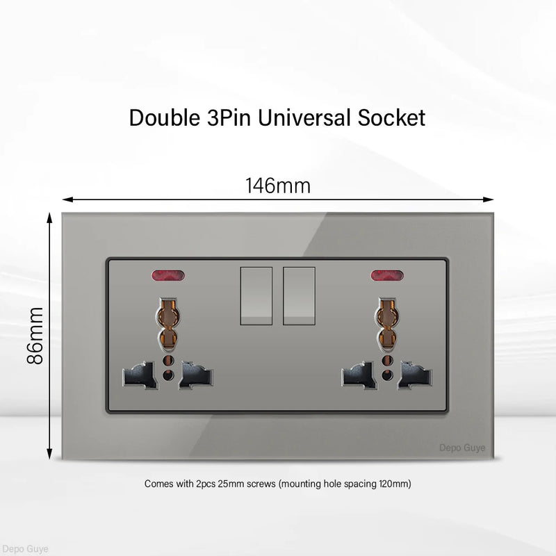 Grey UK 13A Tempered Glass USB Type C 18W Quick Charge Socket,Dual Universal Power Outlet,Home Light Electric Switch Panel