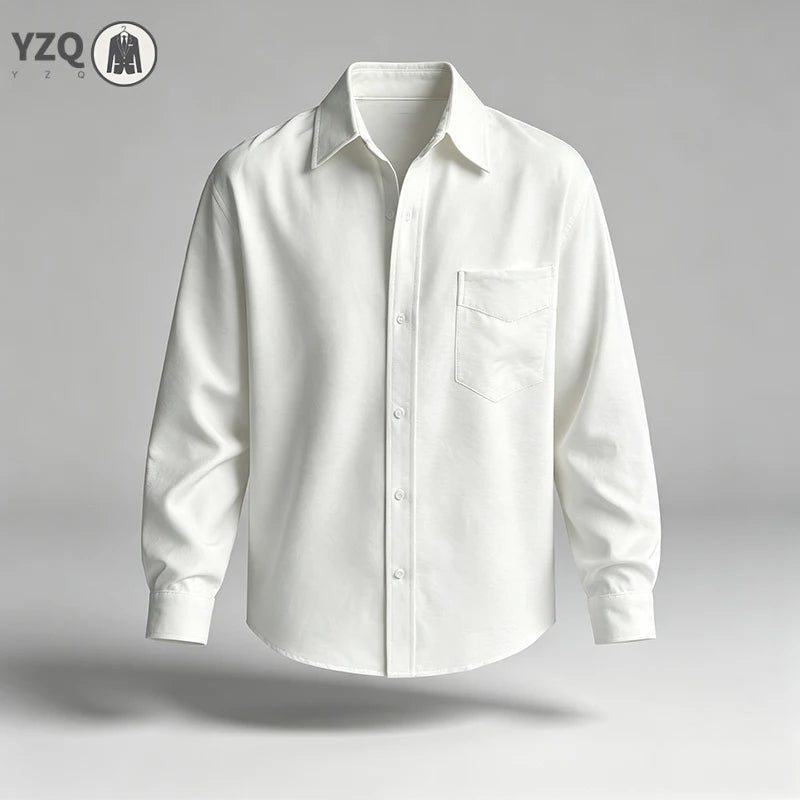 Mens Basic Solid Button Up Shirt Long Sleeve Turn Down Collar Chest Pocket Loose Cut Daily Casual Shirt