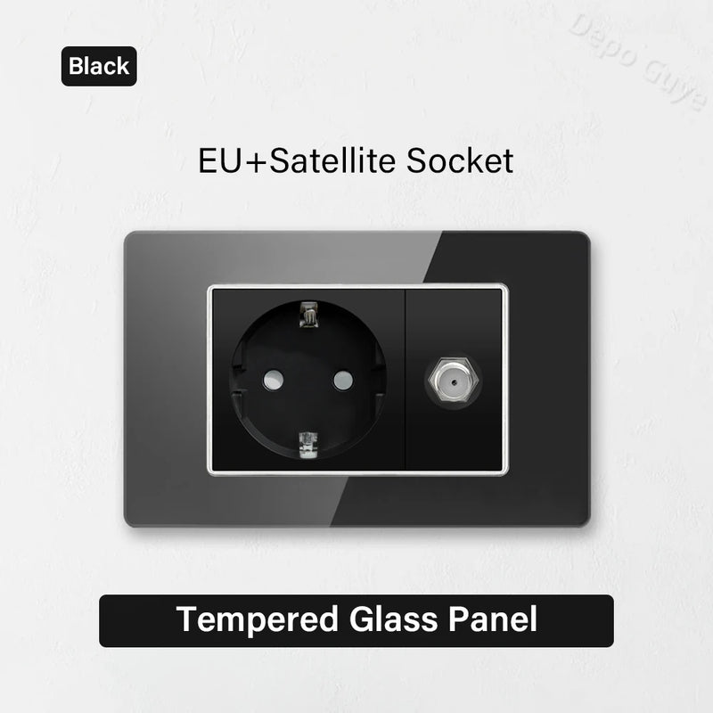Type 118 Black Tempered Glass Panel EU Wall Light Switch,Europe Wall Socket With USB Type-c 18W Quick Charge Outlet 118*75mm