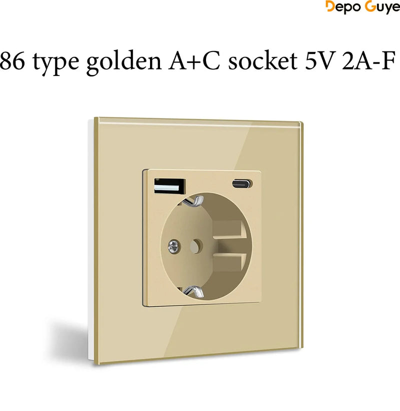 EU Standard 86x86mm Tempered Glass Wall Socket 16A Power Outlet with 5V 2A USB Type C or Dual USB for Home Hotel Office