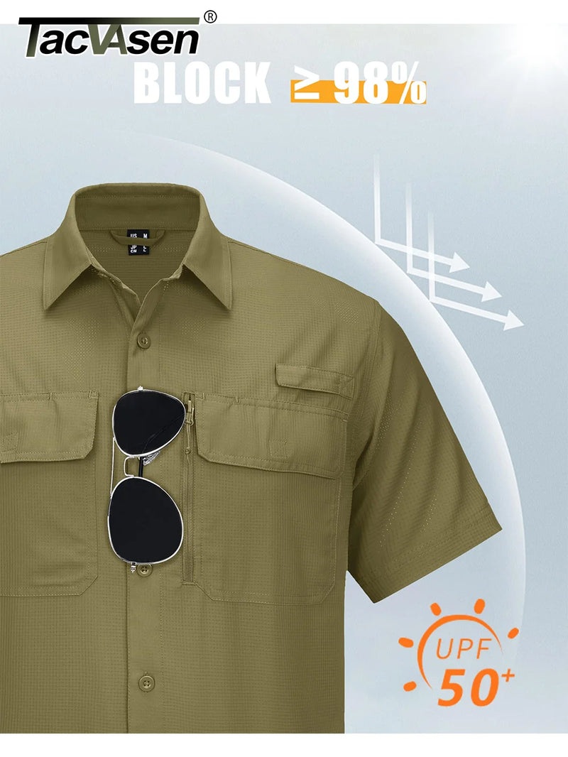 TACVASEN Short Sleeve Fishing Shirts Men's UPF 50+ Sun Protection Cargo Work Shirts Mesh Breathable Quick Dry Hiking Shirts Man