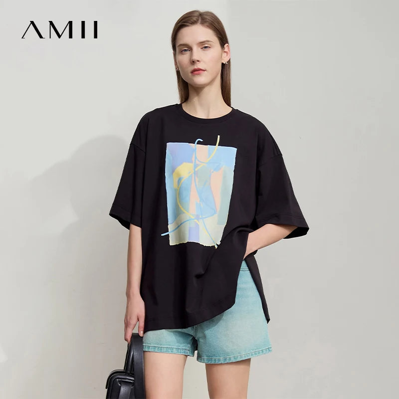 អាវយឺតរដូវក្តៅ Amii Minimalist សម្រាប់នារី រចនាមិនទៀងទាត់ អាវធម្មតា ក អូ-ក បោះពុម្ពអរូបី អាវយឺតរលុង ស្មាទម្លាក់ចុះ 12522081