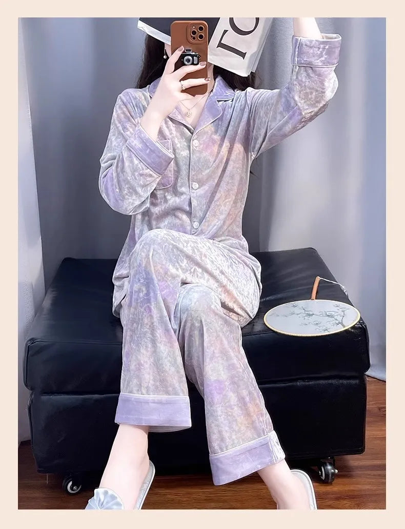 Knitted Gold Velvet Long Sleeved Long Pants Suit Soft And Comfortable Pajama Set 2026 Autumn Winter Women's Home Wear Sleepwear