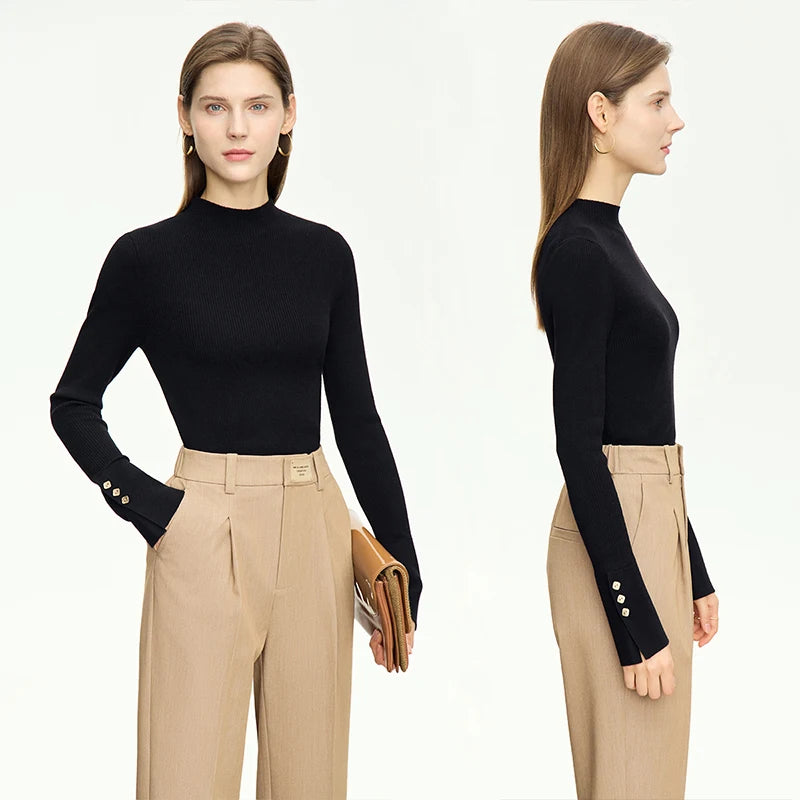 Amii Women's 2026 Autumn Slim Fit Knit Sweater Mock Neck Slit Cuffs Metal Buckle Detail Vintage Style Bottoming Top 12443252