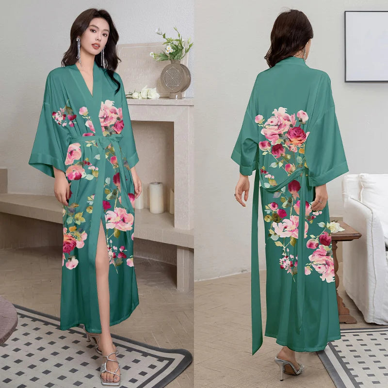 Women Ice Silk Rayon Home Dress Black Print Flower Long Robe Nightgown Spring Summer Half Sleeve Kimono Bathrobe Gown