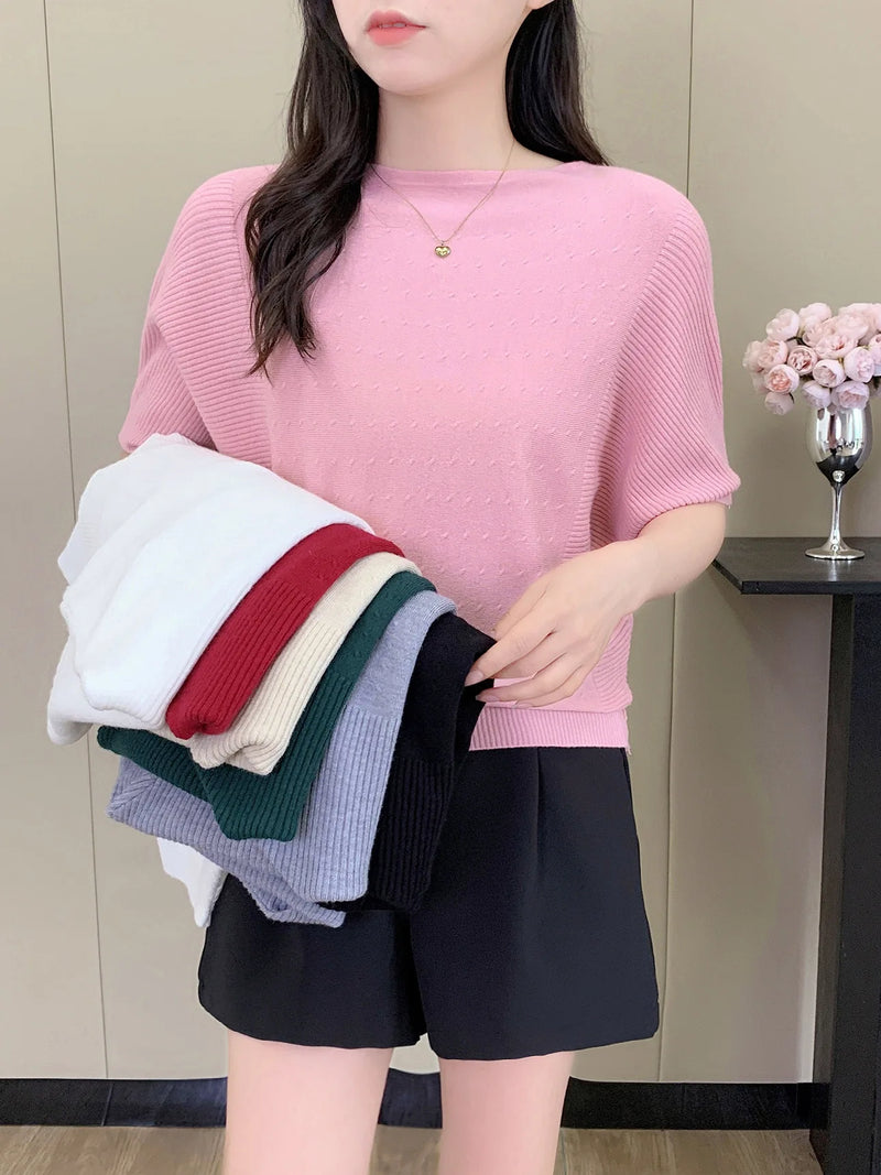 Bat-sleeved Knitted Sweater Women's One-word Collar Top Thin Spring Summer Pullover Shirt Ladies Jumper Pull Femme Knitwear