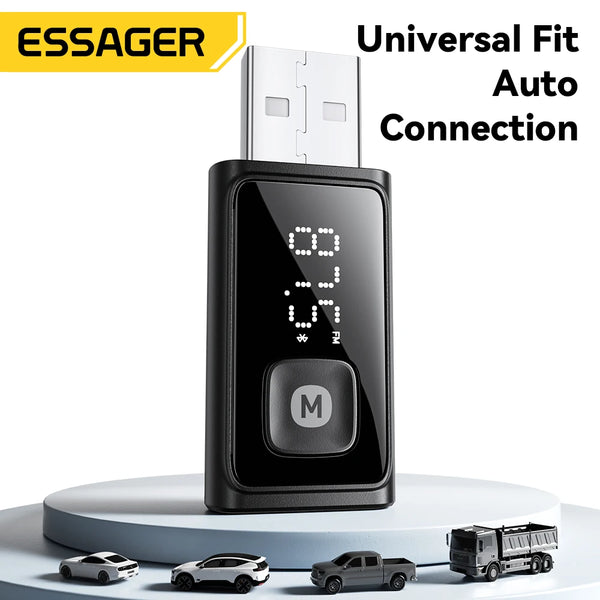 ESSAGER ឧបករណ៍ភ្ជាប់ Bluetooth 5.4 សម្រាប់រថយន្ត ឧបករណ៍បញ្ជូន FM ឥតខ្សែ ឧបករណ៍ទទួលសំឡេង និងការហៅទូរសព្ទដោយមិនប្រើដៃ មីក្រូហ្វូនស្តេរ៉េអូស្វ័យប្រវត្តិ គ្រឿងបន្ថែមសម្រាប់រថយន្ត