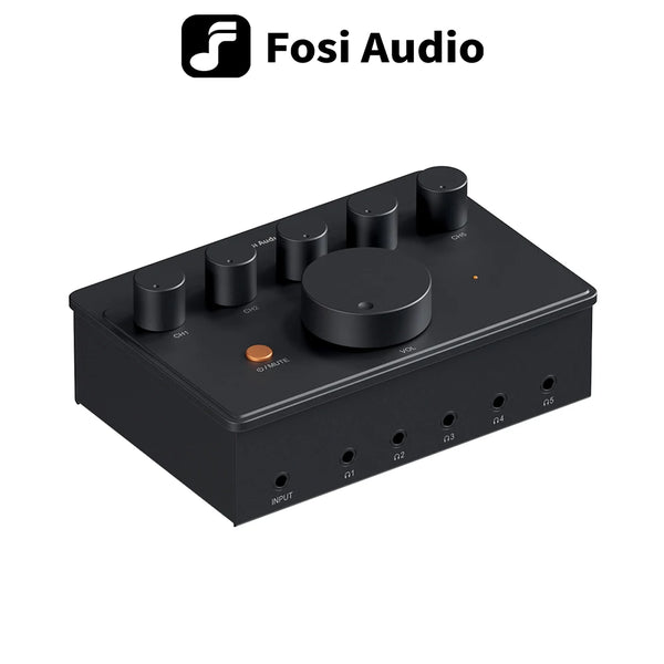 ឧបករណ៍ពង្រីកសំឡេងកាស Fosi Audio PH05 5 ឆានែល, ឧបករណ៍ពង្រីកសំឡេងលើតុខ្នាតតូច ជាមួយចំណុចប្រទាក់អូឌីយ៉ូ Podcast Monitor គាំទ្រ 16-300 Ω ជាមួយ 12V