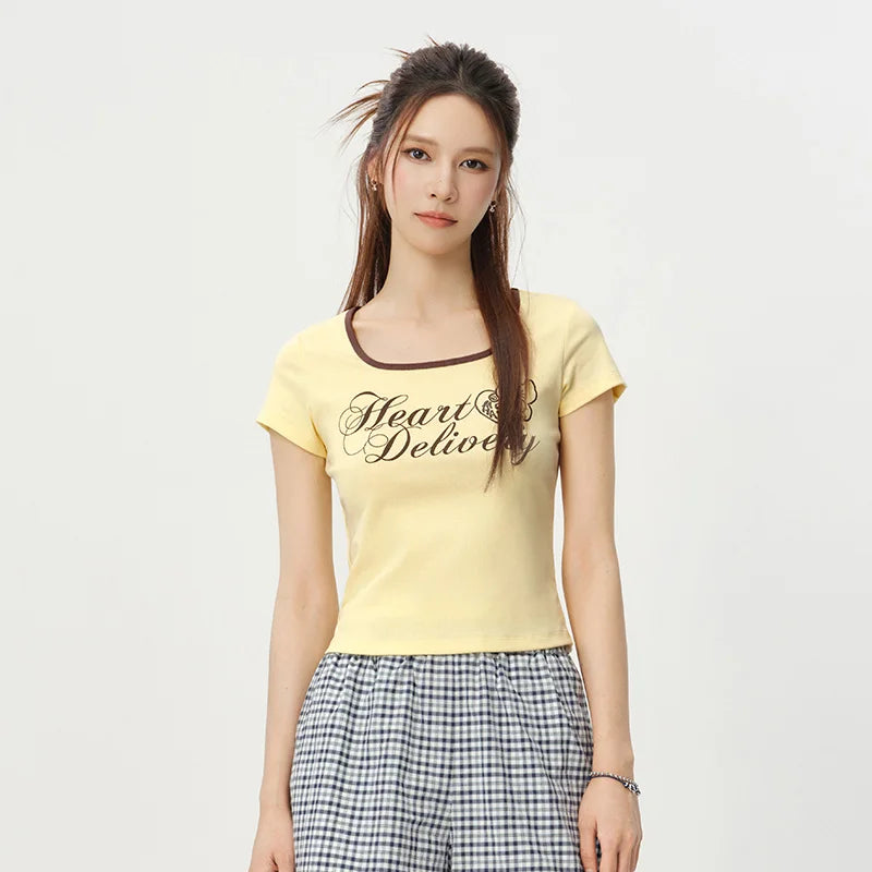Women Tshirt Color Block Square Neck Short Length Casual Fashion 2026 Summer Sweet Stylish Daily Comfort Wear Top