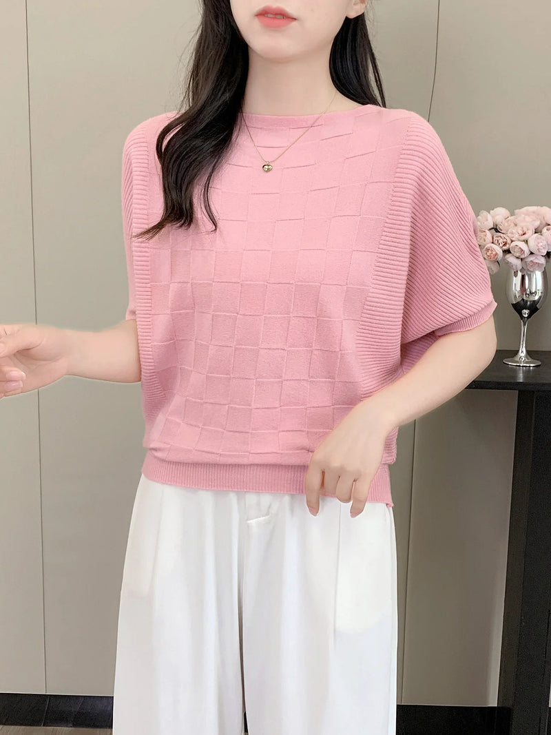 Korean Fashion One-word Collar Casual Bat-sleeved Knitted Sweater Women's Top Spring Summer Knitwear Pullover Jumper Shirt
