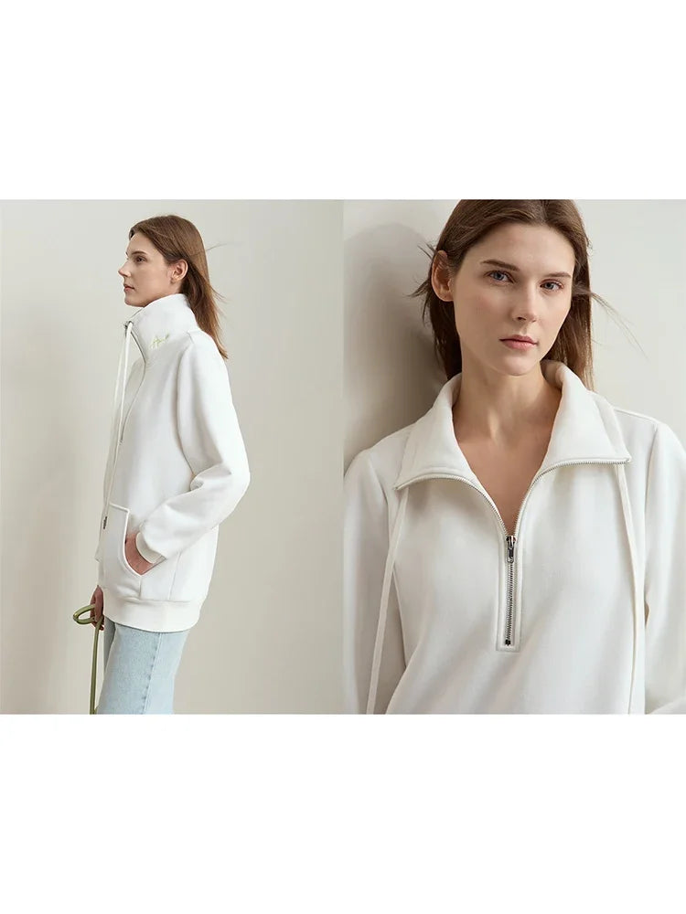 AMII Minimalism Women's Turtleneck Sweatshirts Casual Zipper Letter Embroidery 2026 Winter New Commuter Fleece Hoodies 12444129