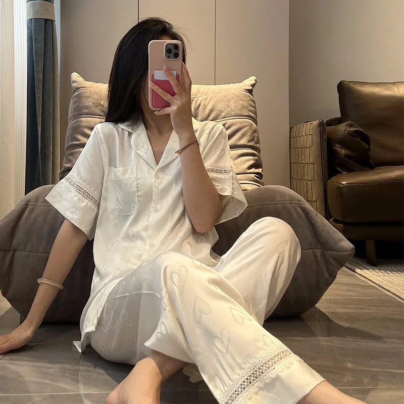Thin Nightwear 2 Piece Nighty Pajama Set Women's Sleepwear Summer Short Sleeve Long Pants Buttons Lapel Top Pijamas Home Suit