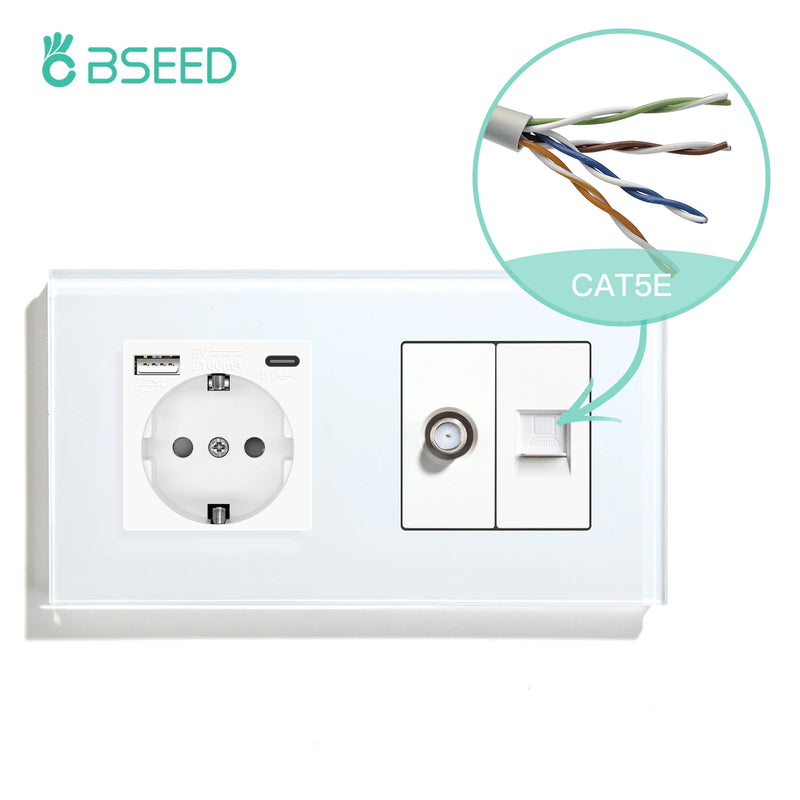 BSEED Double EU Standard Wall Plug 16A 100-250V With CAT5 Computer Network Power Sockt Satellite Antenna Outlet 157*86mm