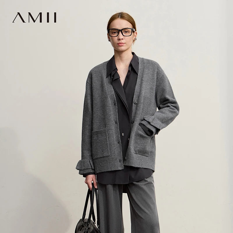 Amii Wool Knit Cardigan 2026 Winter New Commuter V-neck Single Breasted Casual Cardigan For Women Loose Long Sleeve Top 12524085
