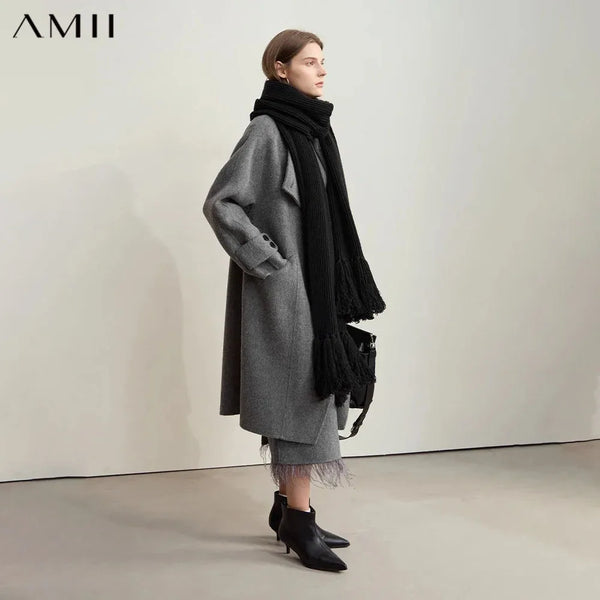 AMII Minimalism 100% Wool Double-sided Woolen Coat for Women 2026 Winter Commuter Raglan Sleeve Loose Long Outerwear 12424063