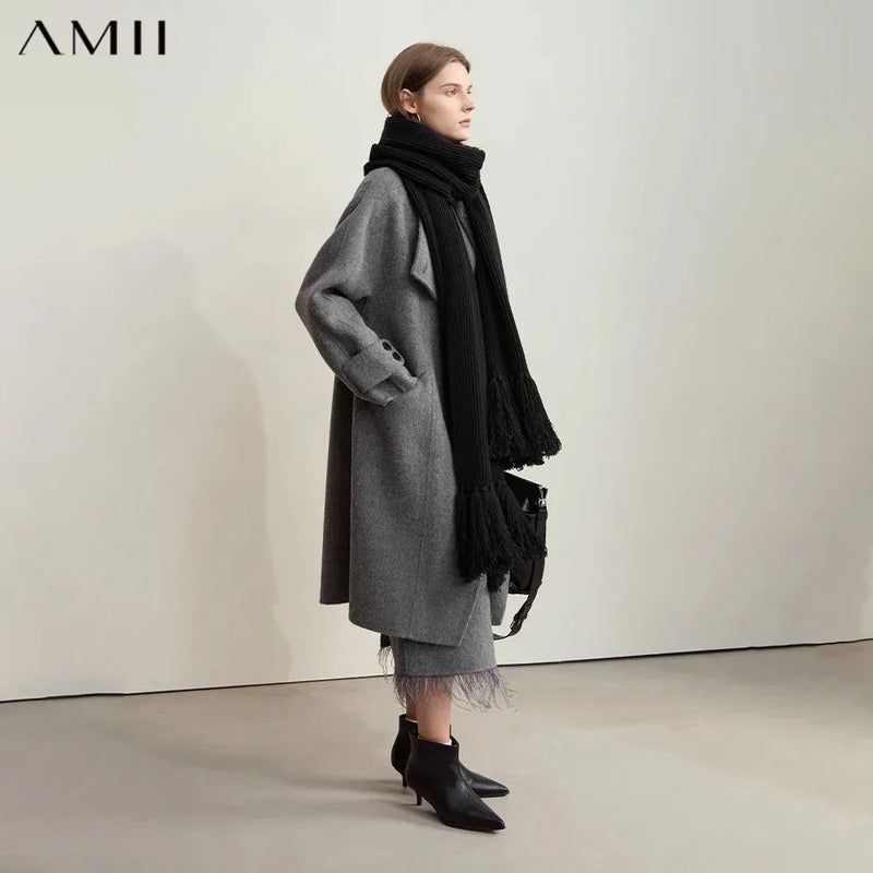 AMII Minimalism 100% Wool Double-sided Woolen Coat for Women 2026 Winter Commuter Raglan Sleeve Loose Long Outerwear 12424063