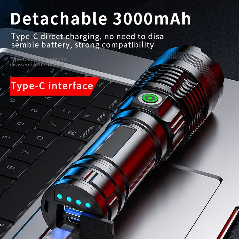 ពិលឡាស៊ែរ LED អាចសាកបាន កែវពង្រីកពង្រីក ពិលយុទ្ធសាស្ត្រ ភ្លឺខ្លាំង សម្រាប់បោះតង់ ឡើងភ្នំ សង្គ្រោះបន្ទាន់ ភ្លើងពិលកាន់ដៃ