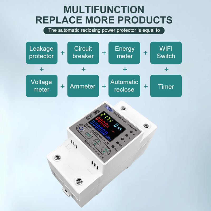 TOMZN 63A 80A WIFI Smart Energy Meter Kwh Metering Circuit Breaker Timer with Voltage Current and Leakage Protection TUYA TOMPD
