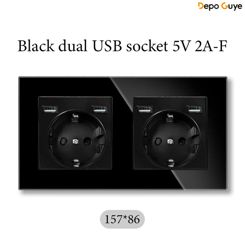 European Standard 4 Gang Wall Power Socket 16A Glass Panel with Three USB Type-C Ports White Black Industrial Home Hotel