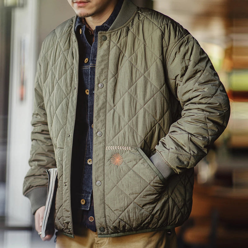 Maden Casual Quilted Baseball Jacket Thick Warm Padded Coat Green Vintage Outerwear for Men's Winter Versatile Coat with Pockets