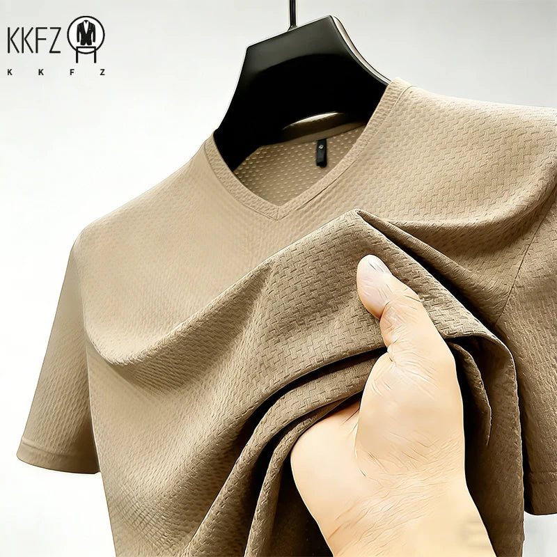 Premium Men's Business Casual V Neck T-Shirt Ice Silk Lightweight Breathable Summer Tops