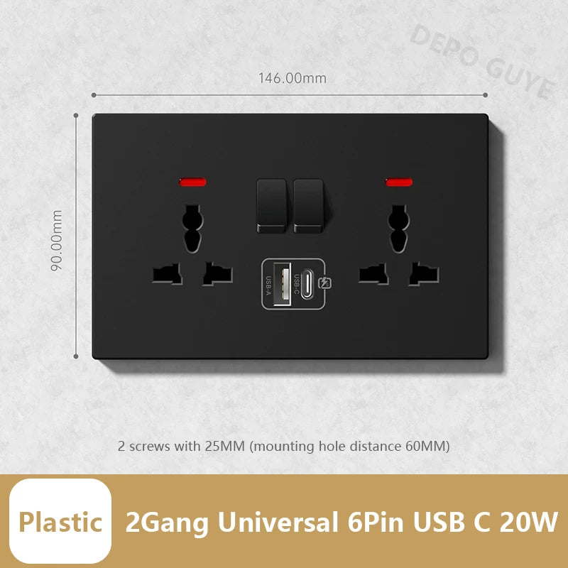 Universal 20W Type-C Wall Quick charge Socket,Dual Switch control Universal Power outlet,White UK Standard USB Interface Socket