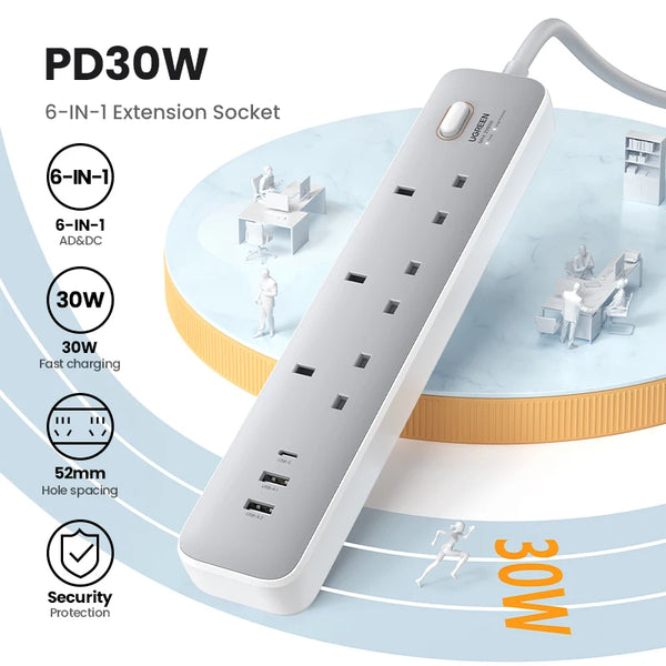 ឆ្នាំងសាក UGREEN 30W Desktop Charger Power Strip UK Plug Outlet Extension Adapter សម្រាប់ iPhone 17 16 Pro Max Xiaomi Wall Fast Charger AD DC