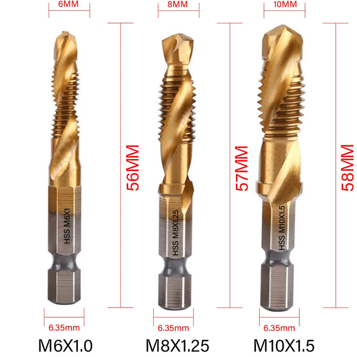 1/6Pcs Tap Drill Bit Set Hex Shank Titanium Plated HSS Screw Thread Bit Screw Machine Compound Tap M3 M4 M5 M6 M8 M10 Hand Tools 3Pcs Golden -1