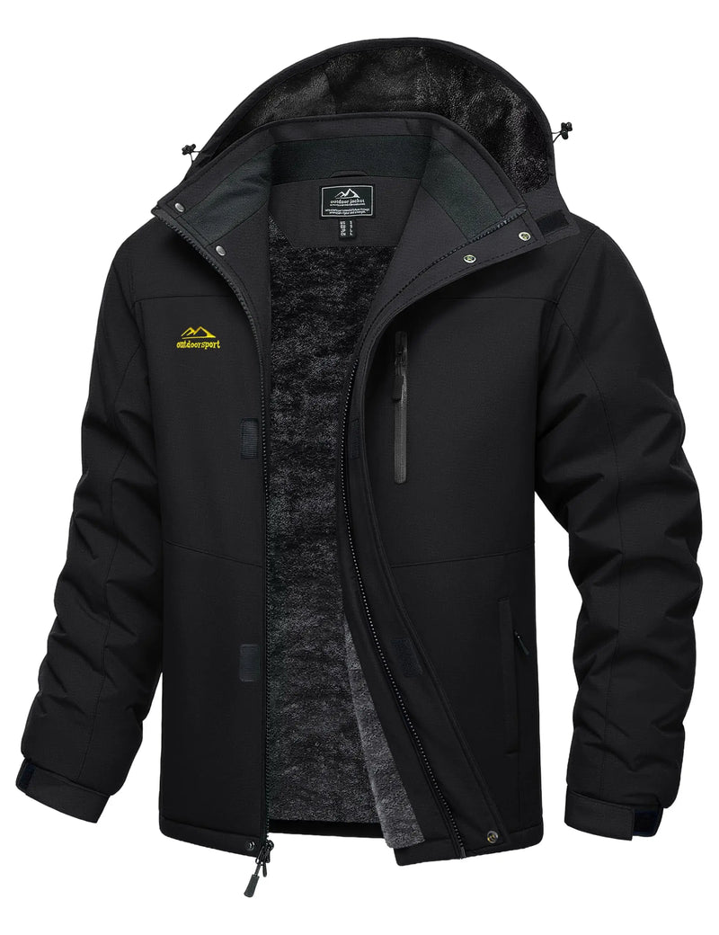 TACVASEN Mens Ski Jacket Waterproof Fleece Parka Coat Detached Hood Windproof Placket Outdoor Coat Winter Warm 5 Pocket RainCoat