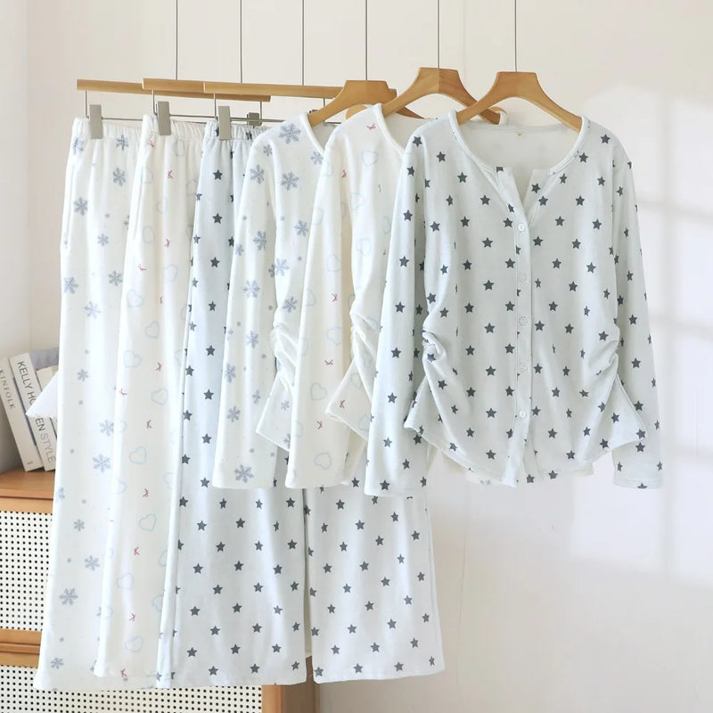 Warm Women's Pajamas Soft Pijamas Set for Women Home Suit Autumn Winter Printed Sleepwear Casual Two-piece Trousers Homewear