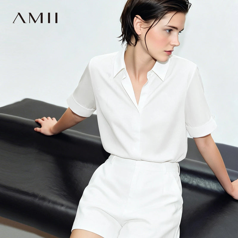 Amii Women's Shirt 2026 Summer New Chinese Embroidery Asymmetric Lapel Women's Cotton Shirt Short Sleeve Casual Tops 12622125