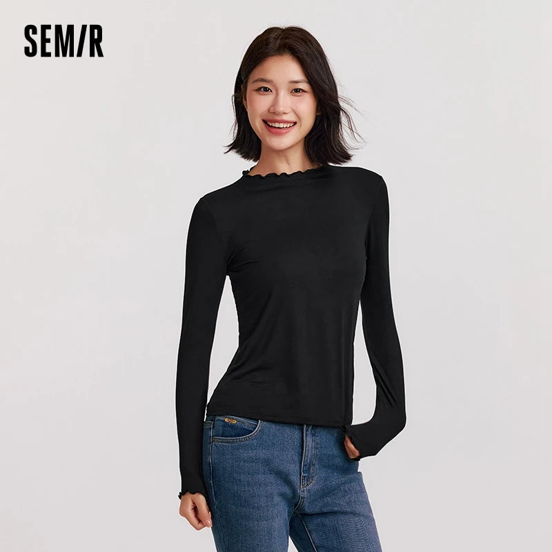 Semir Women Tshirt Thermal Warmth Antibacterial Fabric Slim Fit Solid Color Everyday Style Ruffle Detail Layering Essential