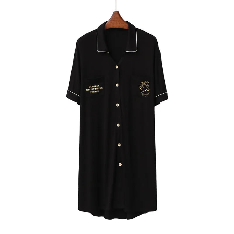 Night Wear For Ladies Cartoon Letter Print Short Sleeve Loose Casual Lapel Cardigan Home Dress Modal Summer Women's Nightgown