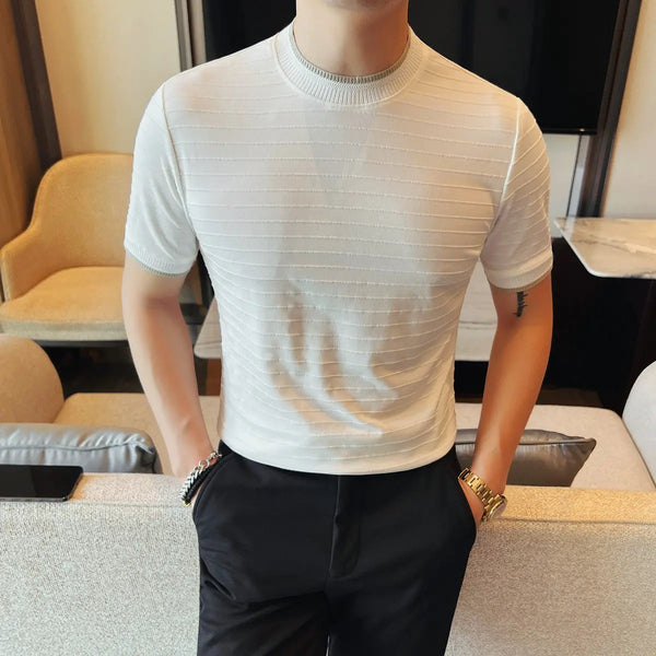 Men's Slim Fit Fake Two Pieces T-Shirt Short Sleeve O-Neck Contrast Color Striped Stretchy Casual Cool Touch Top Fashion Tee