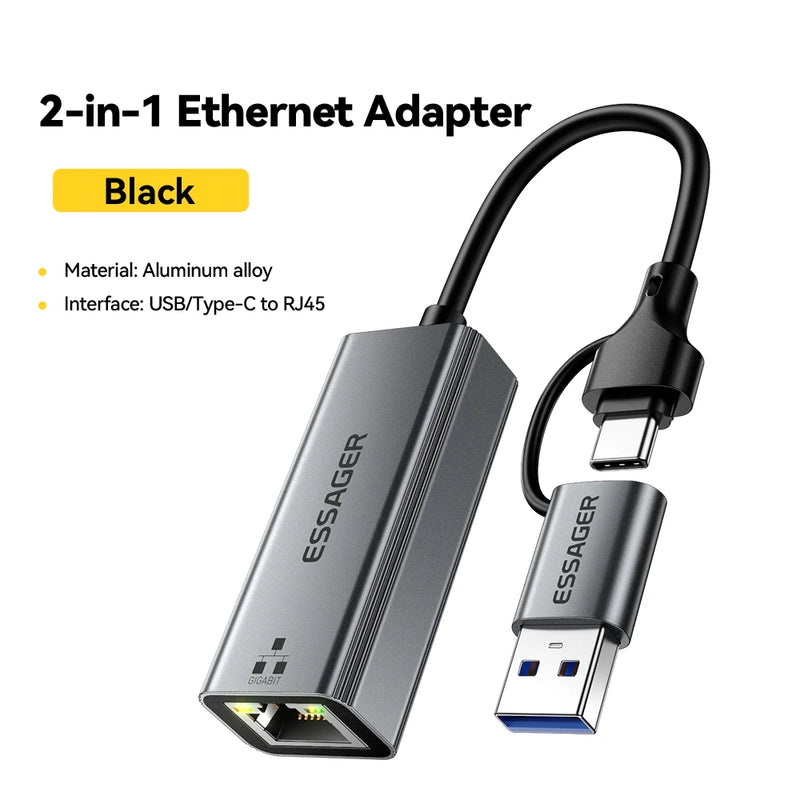 អាដាប់ទ័រអ៊ីសឺរណិត Essager 2-in-1 USB-A/Type-C ទៅ RJ45 កាតបណ្តាញ 1000Mbps Ethernet Gigabit អាដាប់ទ័រកាត Lan សម្រាប់កុំព្យូទ័រយួរដៃ MacBook