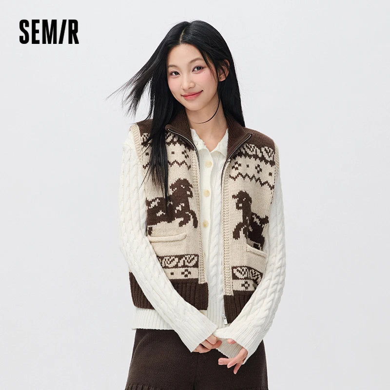 Semir Women Winter Vest Cropped Stand Collar Jacquard Loose Fit Layering Modern Style 2026 New Winter Daily Wear