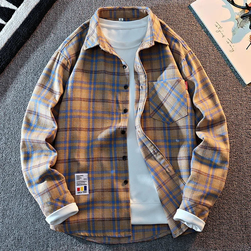 Classic Casual Plaid Overshirt Men Button Front Lapel Single Pocket Long Sleeve Basic Street Layered Fashion Top