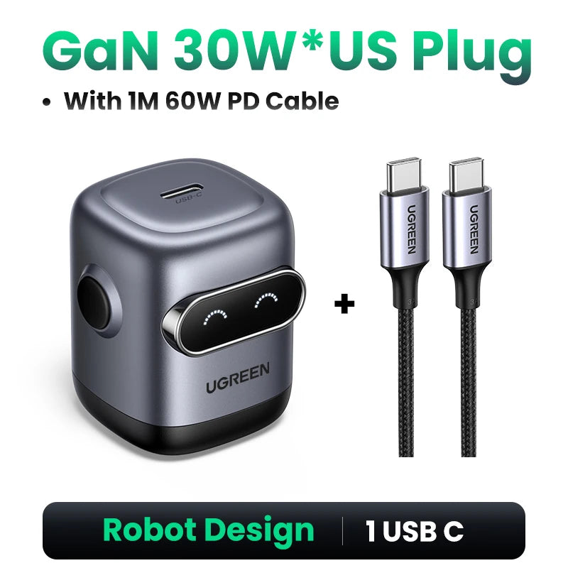 【US Plug】UGREEN 65W 30W GaN Charger Robot Design PD3.0 QC4.0 3.0 PPS Fast Charger for iPhone 18 17 16 Pro Macbook Laptops Tabl