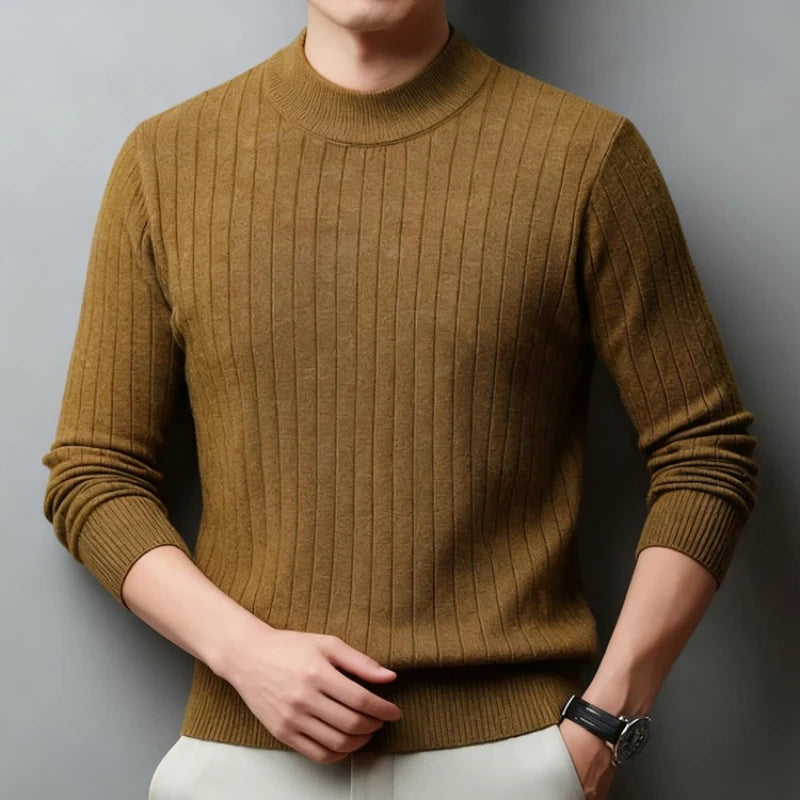 Men's Semi-High Neck Knit Sweater, 500g Wool-Like Texture, Anti-Pilling, Quiet Luxury Style Beige Gray Brown