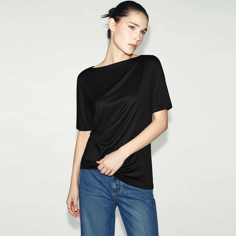 Amii Cowl Neck Women's T-Shirt 2026 Summer New Acetate Pleated Dolman Sleeve Top Solid Color Flowy Casual Tee For Women 12652082