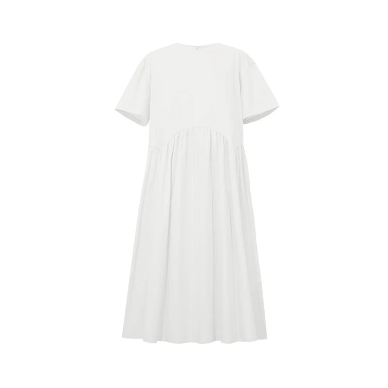 Amii 100% Cotton Midi Dress 2026 Summer New Round Neck Drop Shoulder Short Sleeve Simple Office Casual Dress For Women 12642119