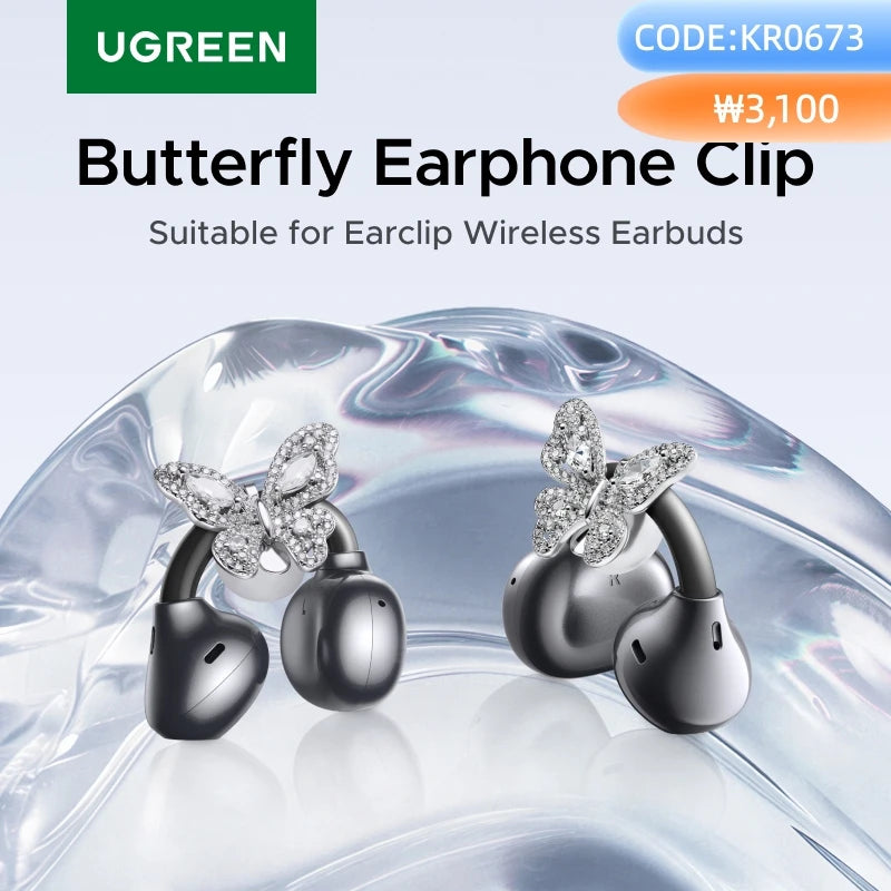 UGREEN Jewelry-Inspired Full Diamond Butterfly Clip On Earbuds, Open Ear Wireless Bluetooth Ear Cuff Headphones for Women, Bling