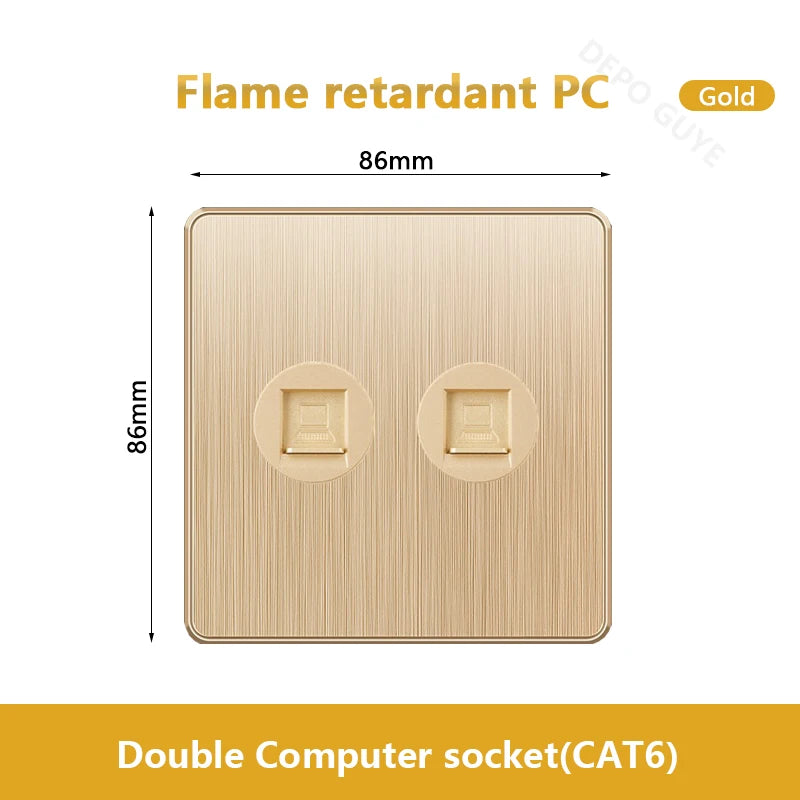 Gold Universal 3/5Pin Plastic Power Socket,UK Wall Outlet With 2.1A Dual USB Port,220V Electrical 2way Switch TV Computer CAT6
