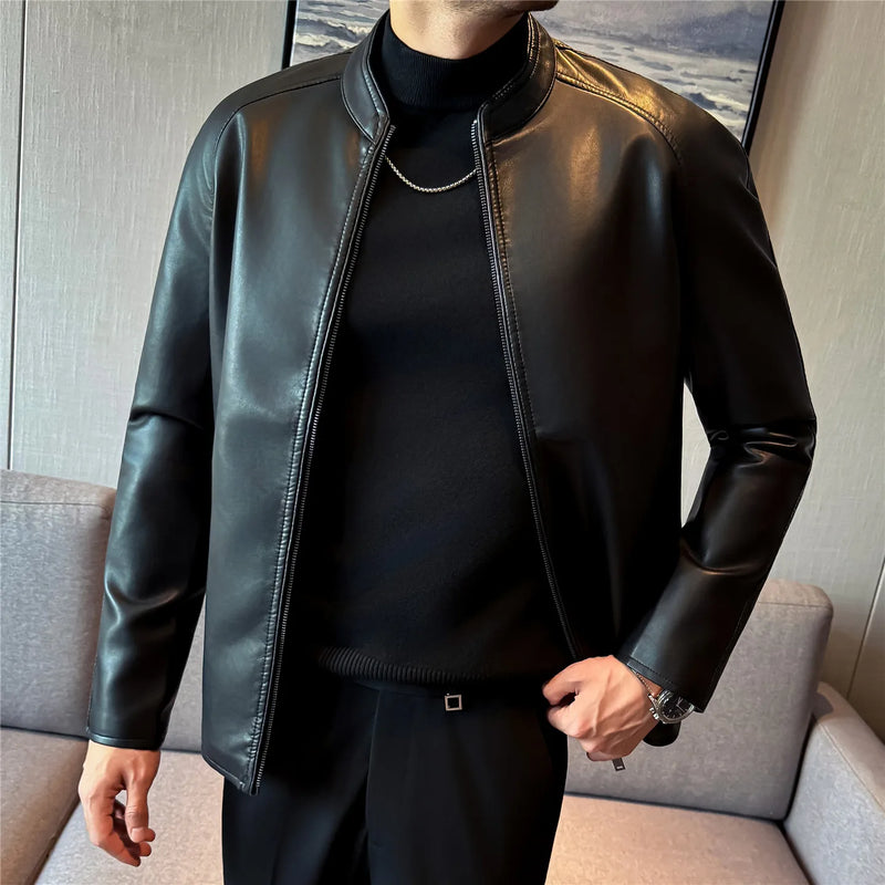 Men's Premium Motorcycle PU Leather Jacket, Slim Fit Stand Collar Biker Style, Black Fashion Motorcycle Jacket