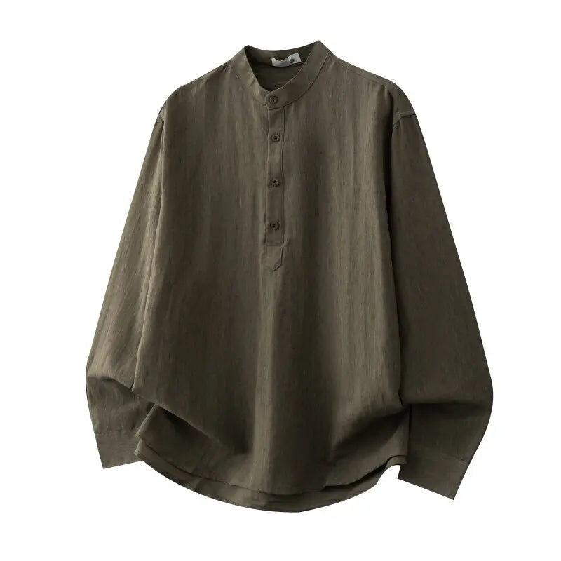 DUKEEN Men's Lyocell Linen Blend Henley Shirt Long Sleeve Stand Collar Lightweight Breathable Casual Old Money Style