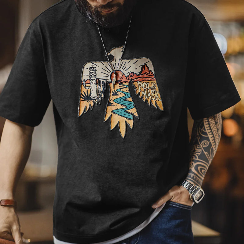 អាវយឺត Maden Vintage Style Thunderbird Print T-Shirt Men Summer Short Sleeve Pattern Heavy Stripe Navajo Crew Neck Tops Street Tops
