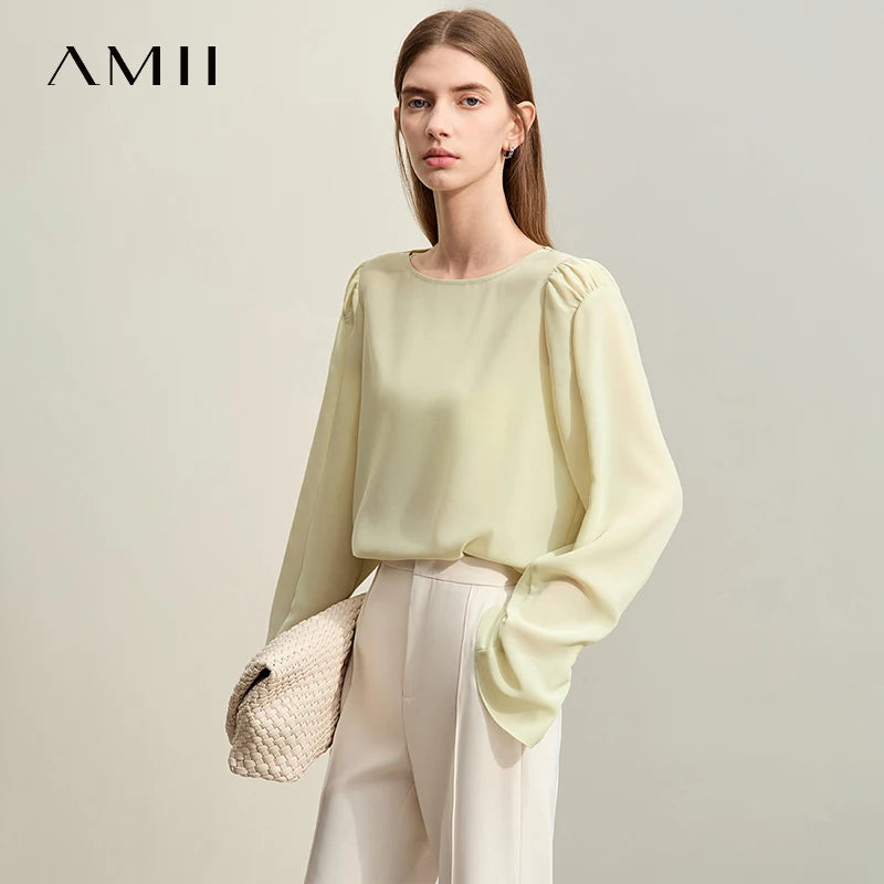 អាវស្រី AMII ឆើតឆាយសម្រាប់ស្ត្រី រដូវស្លឹកឈើជ្រុះថ្មីឆ្នាំ ២០២៦ កអាវវែងដៃវែង អាវក្រណាត់ chiffon ម៉ូដសម្រាប់ស្ត្រីការិយាល័យ 12541168
