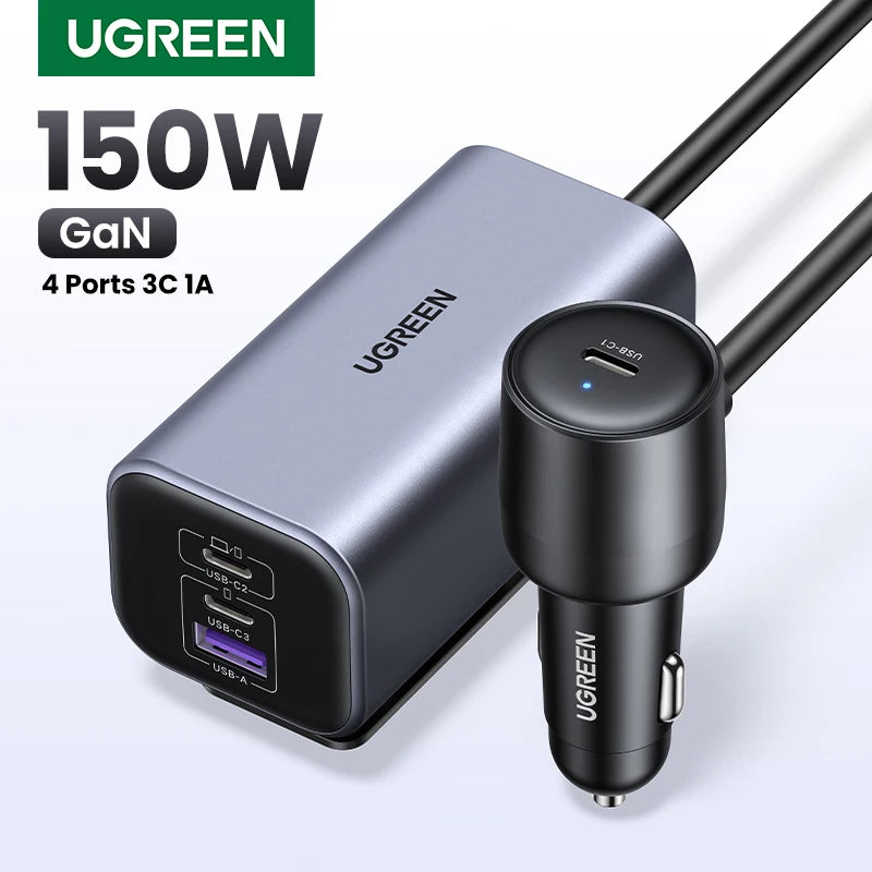 UGREEN Car Charger 150W Fast Charge Extender 4 USB Devices GaN Charger for iPhone 18 17 16 15 USB C Charger for iPad Notebook